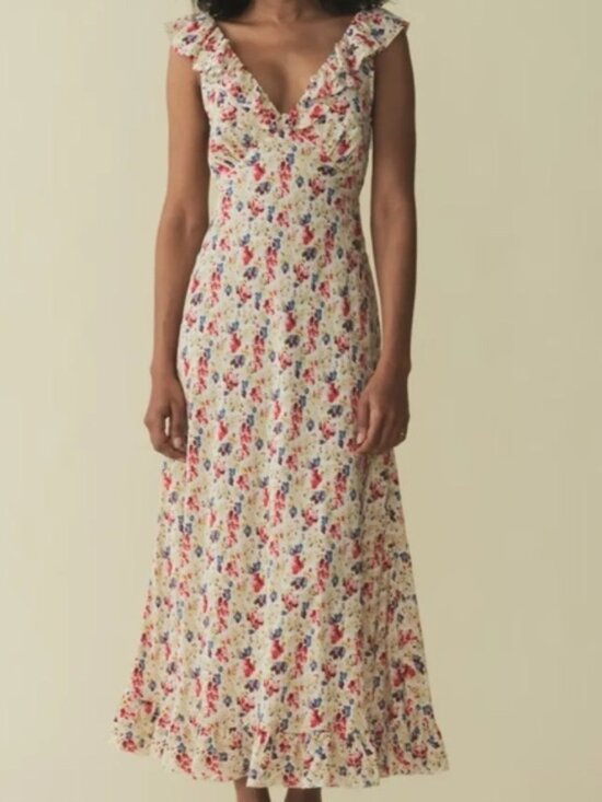 Doen Dresses & Skirts - Doen Arleen Silk Ruffle Floral V Neck Slip Midi Maxi Dress Wildflower Thicket